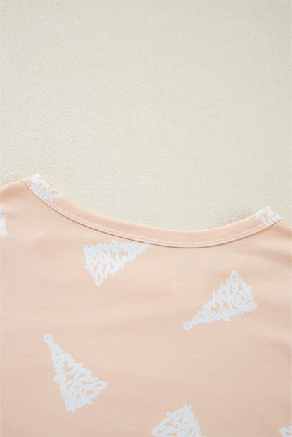 Apricot Christmas Tree Print Loose Fit Two Piece Pajama Set
