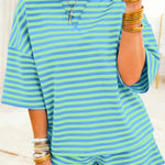 Green Stripe Striped Ribbed Cotton Two-Piece Pant Set with Chest Patch Detail