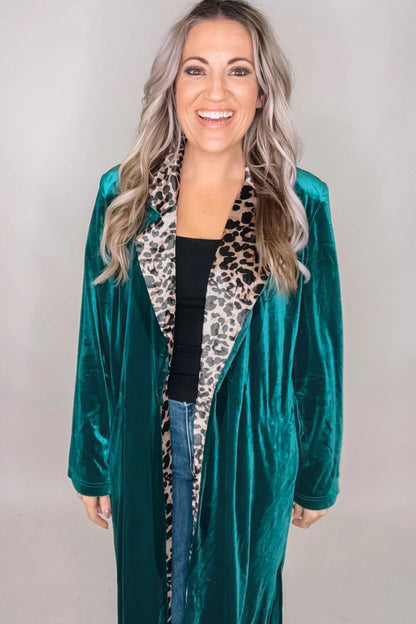 Skobeloff Velvet Contrast Leopard Print Lapel Collar Open Front Cardigan