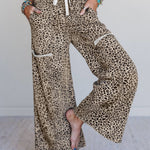 Khaki Animal Print Wide Leg Terry Knit Pants