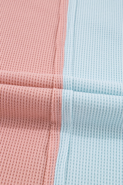 Rose Pink Floral Patchwork Waffle Color Block Pullover Top