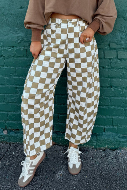 White Checkered Print Denim Barrel Pants