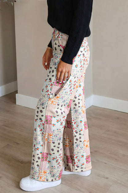 Pink Floral Patchwork Wide Leg Full Length Jeans