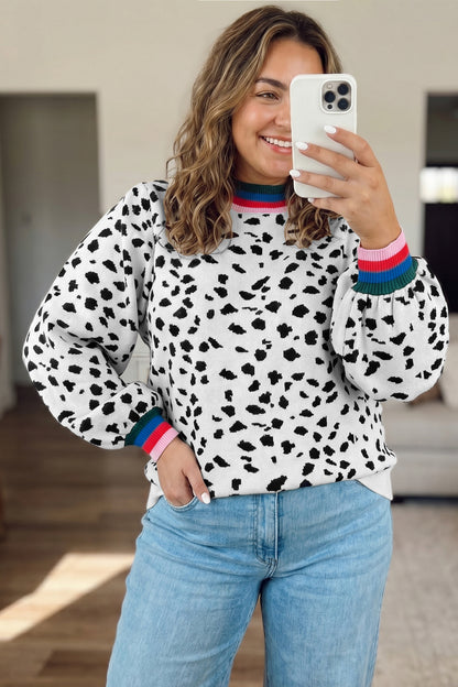 White Leopard Print Colorblock Round Neck Long Sleeve Tunic Plus Size Sweater