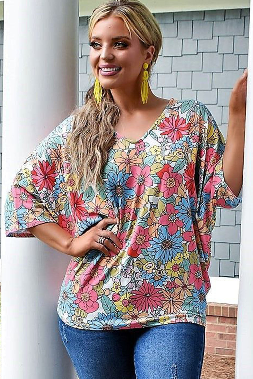 Blusa de media manga con cuello en V y estampado floral multicolor 