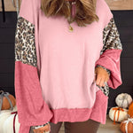 Light Pink Color Block Leopard Patchwork Dolman Sleeve High Low Baggy Sweatshirt