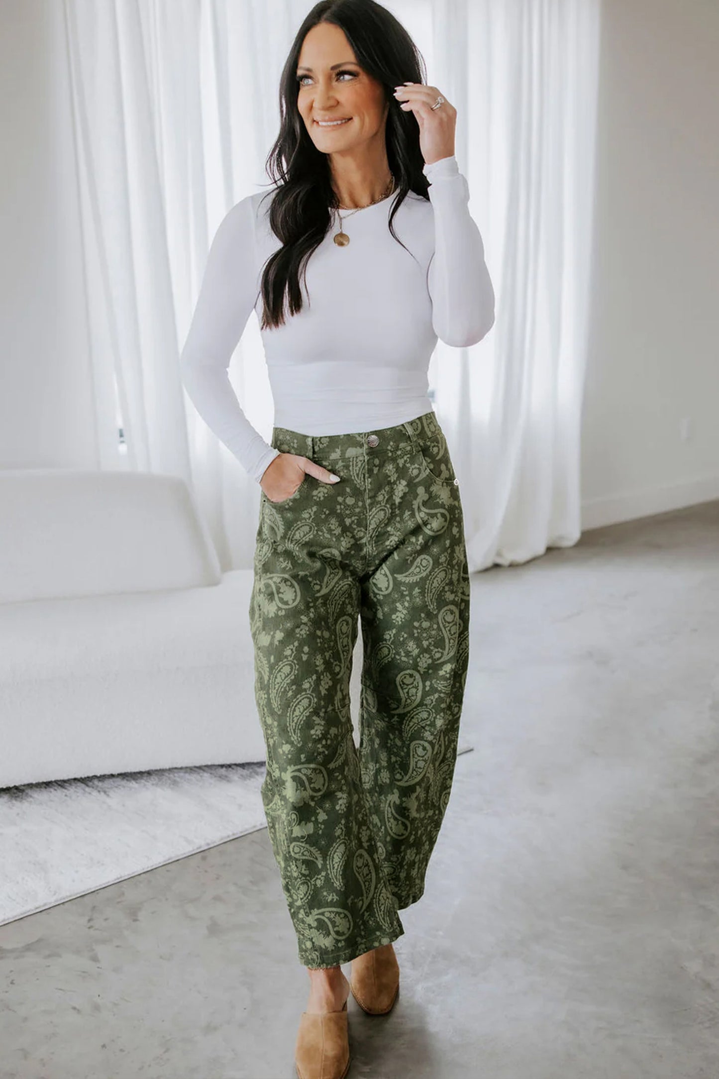 Green Paisley Print Harem Denim Pants