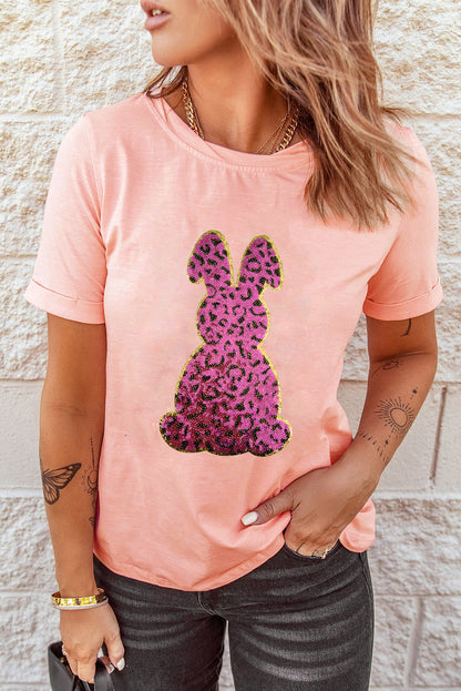 T-shirt graphique de Pâques à paillettes roses et motif lapin léopard