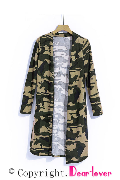 Cardigan long à imprimé camouflage vert