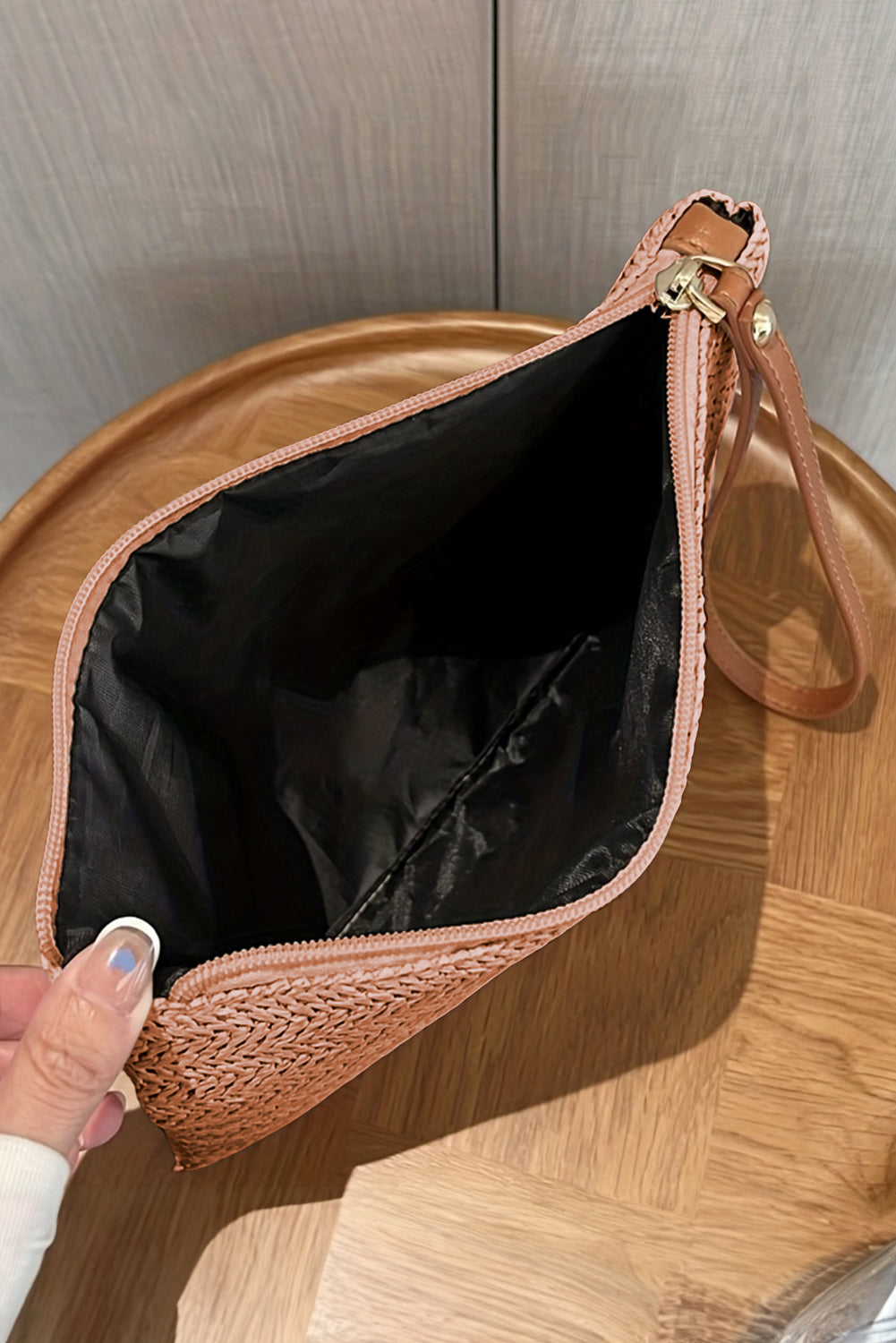 Chestnut Straw Woven Wrist Strap Zipper Large Wallet