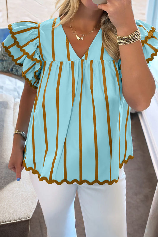 Sky Blue Stripe Ricrac Trim Double Ruffled Short Sleeve V Neck Blouse
