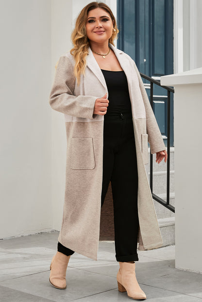 Manteau long kaki grande taille à col à revers et blocs de couleurs 