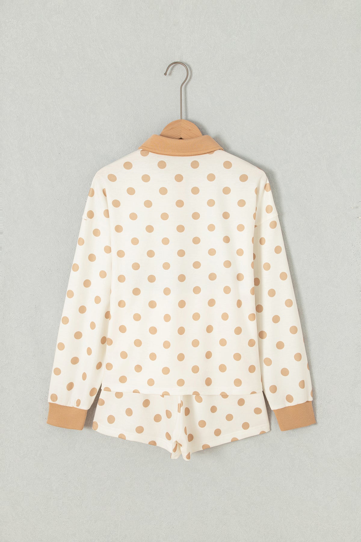 Khaki Polka Dot Drop Shoulder Polo Loose Pullover Patch Pocket Casual Shorts Set