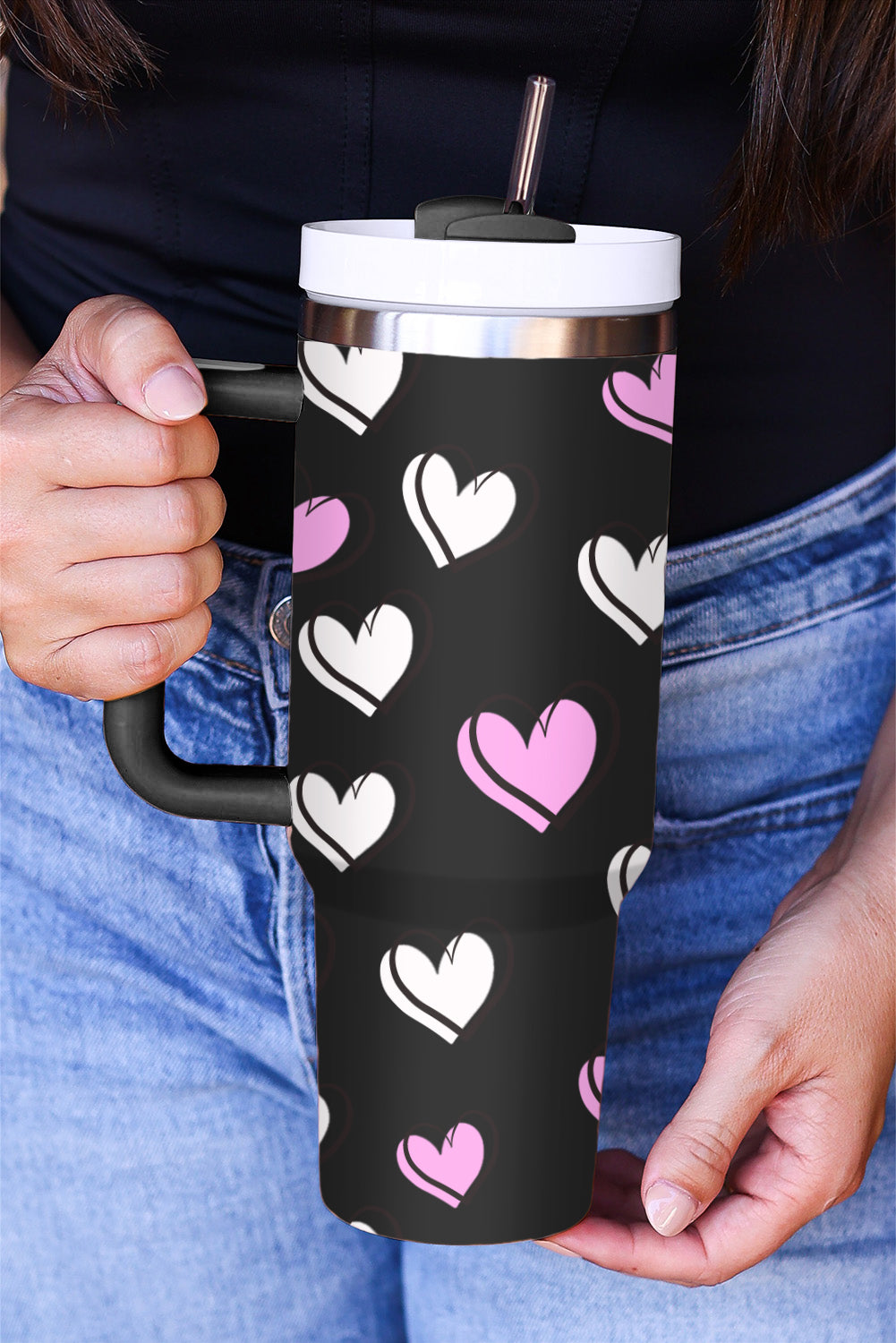 Black Valentines Heart Printed Thermos Cup with Handle