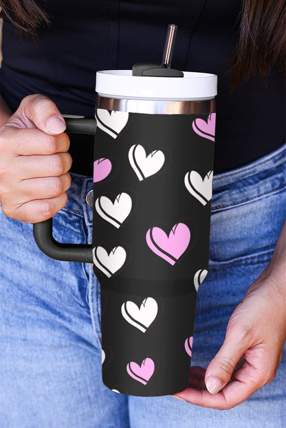 Black Valentines Heart Printed Thermos Cup with Handle