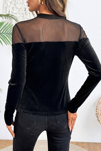 Black Velvet Long Sleeve Sheer Neck Patchwork Casual Pullover Top