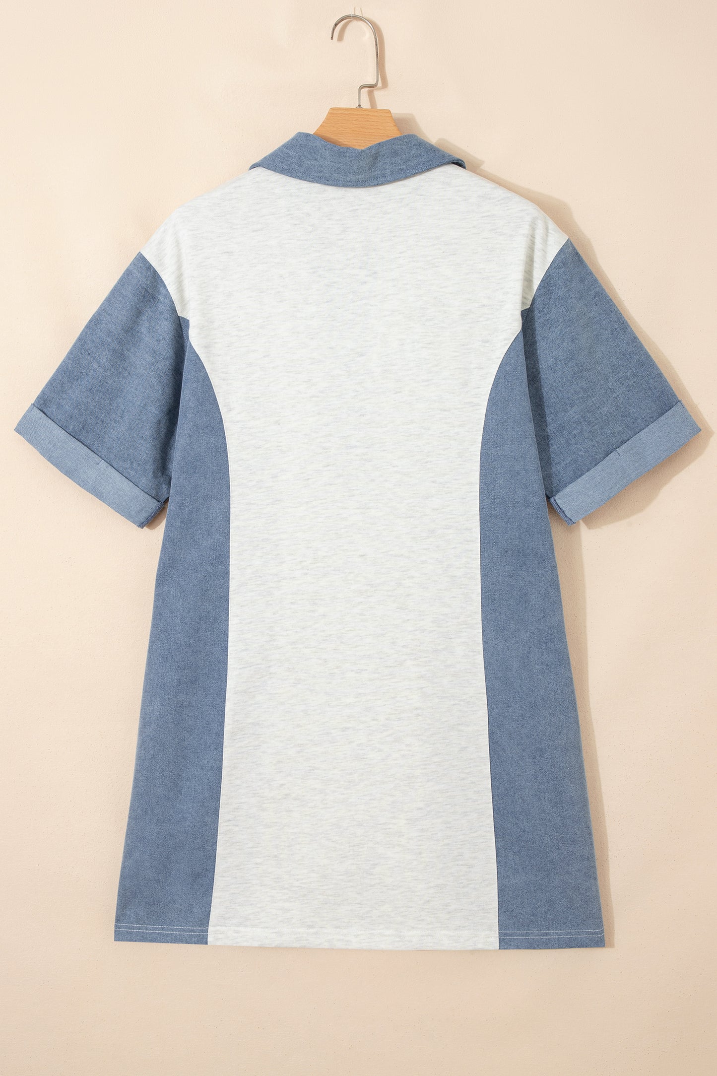 Light Grey Denim Color Block Patchwork Button Polo Collar T Shirt Tunic Dress