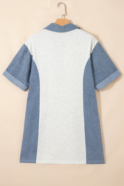 Light Grey Denim Color Block Patchwork Button Polo Collar T Shirt Tunic Dress