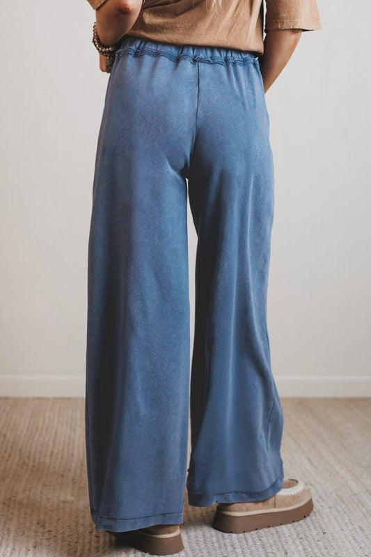 Ashleigh Blue 100% Cotton Mineral Wash Drawstring Retro High Waist Wide Leg Western Pants