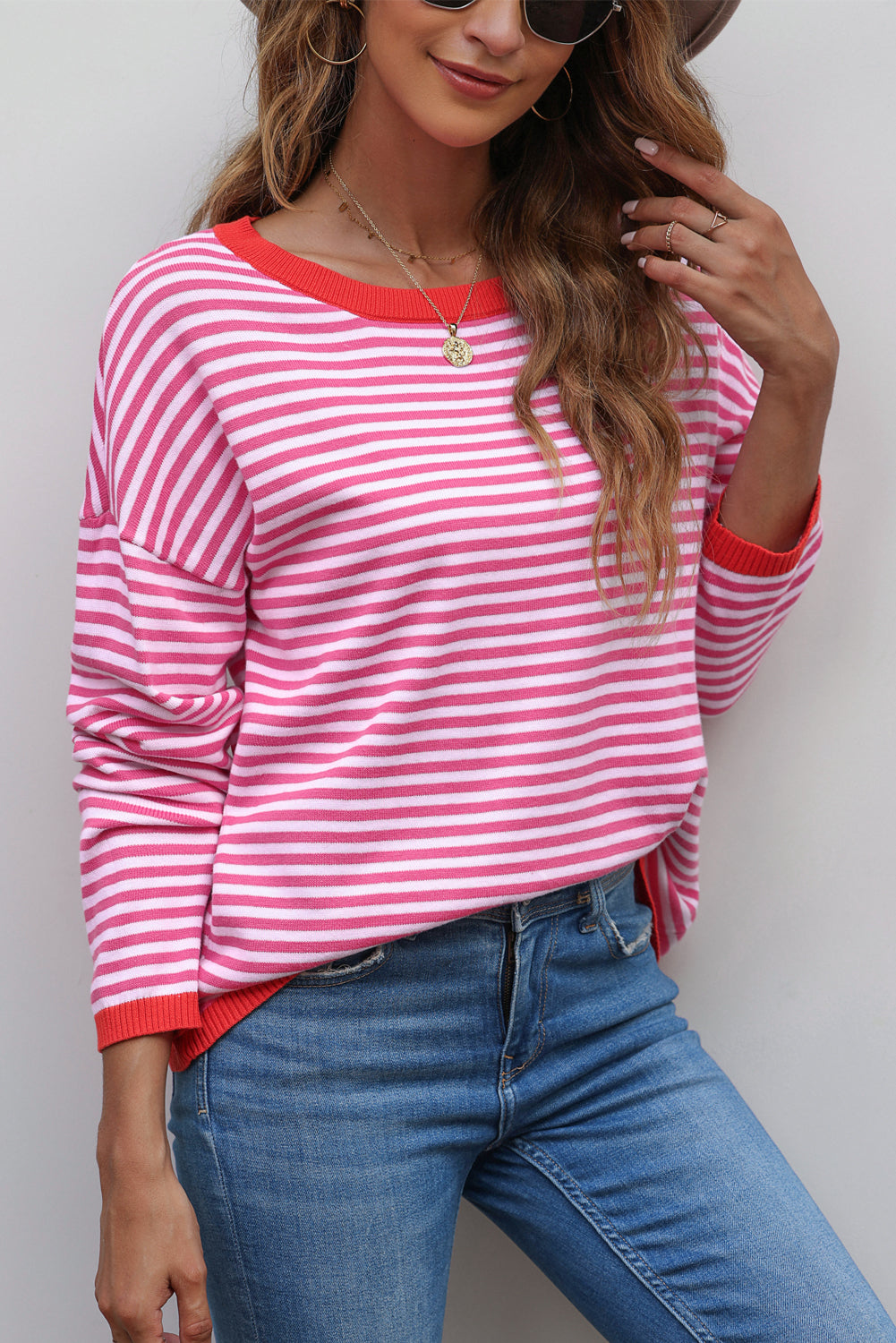 Pink Striped Contrast Trimmed Drop Shoulder Sweater