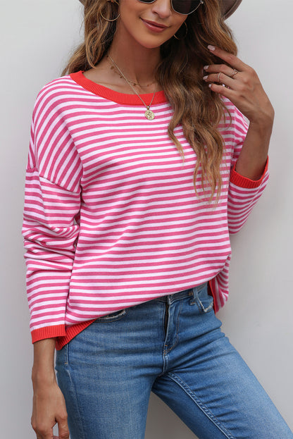 Pink Striped Contrast Trimmed Drop Shoulder Sweater