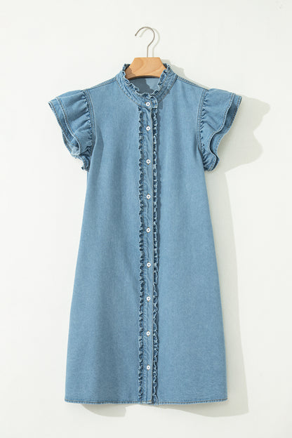 Myosotis Frilled Detail Button Down Ruffle Short Sleeve Denim Mini Dress