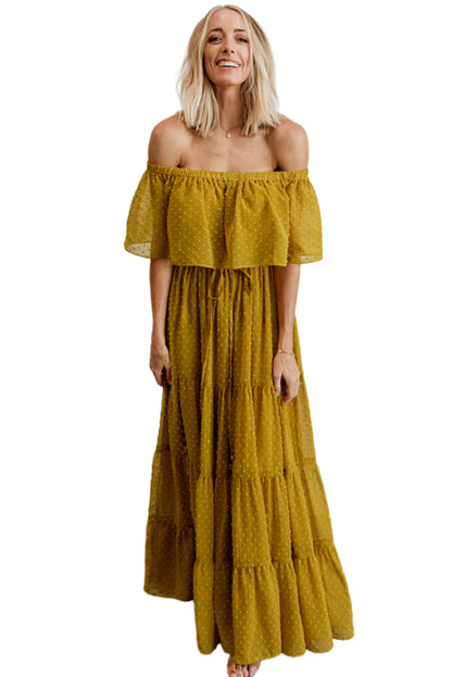 Yellow Yellow Off Shoulder Ruffle Swiss Dot Maxi Dress