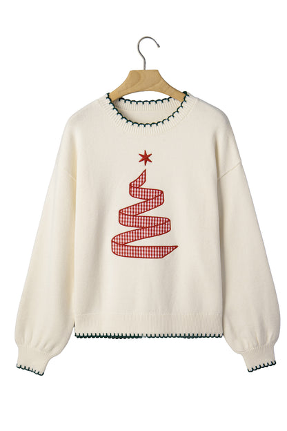 Beige Stitched Detail Christmas Tree Holiday Casual Sweater