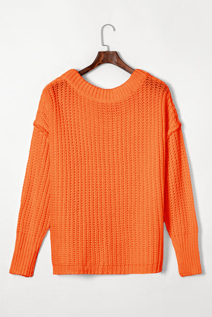 Orange Ribbed Knit Round Neck Slouchy Chunky Sweater