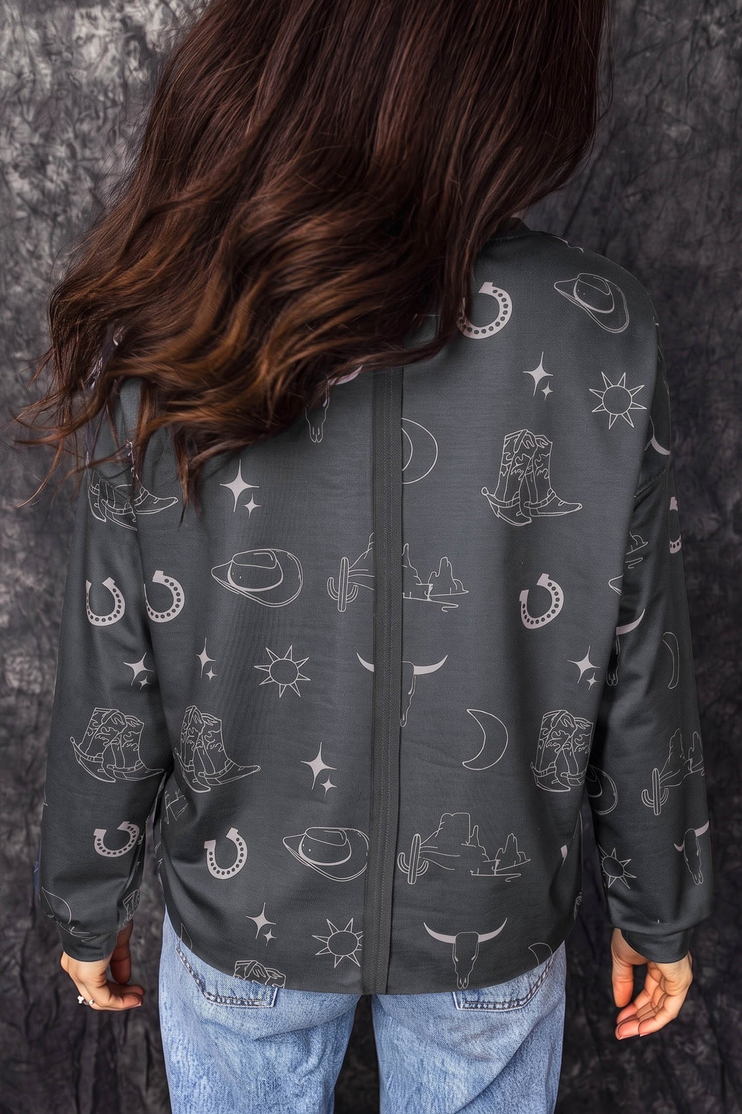 Gray Western Print Crew Neck Sweatshirt