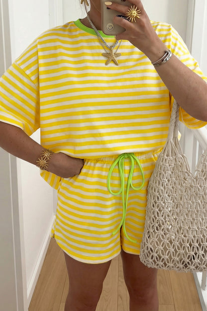 Pink Stripe Contrast Neck Loose Tee and Drawstring Shorts Set