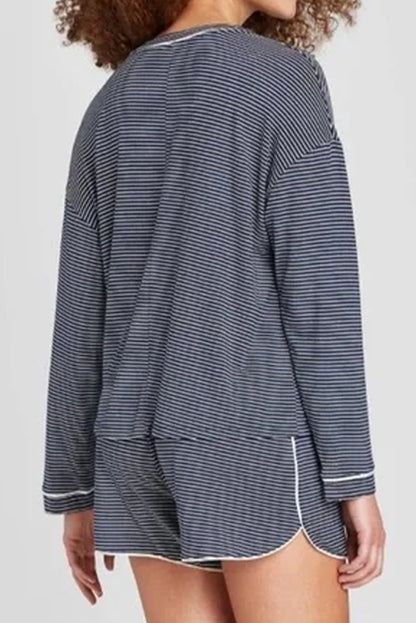 Blue Stripe Drop Shoulder Round Neck Long Sleeve Tee and Buttoned Shorts 2pcs Lounge Set