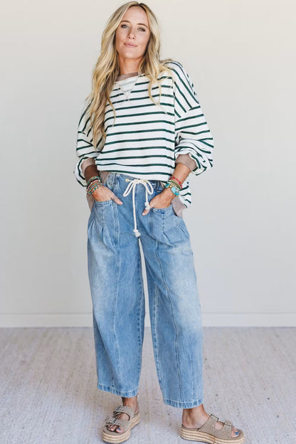 White Stripe Twisted Ribbed Patchwork Drop Shoulder Round Neck Sweatshirt