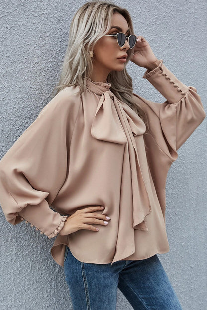 Khaki Frilled Knotted Mock Neck Bishop Sleeve Blouse