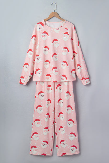 Pink Abstract Santa Pattern Long Sleeve Two Piece Shift Lounge Set