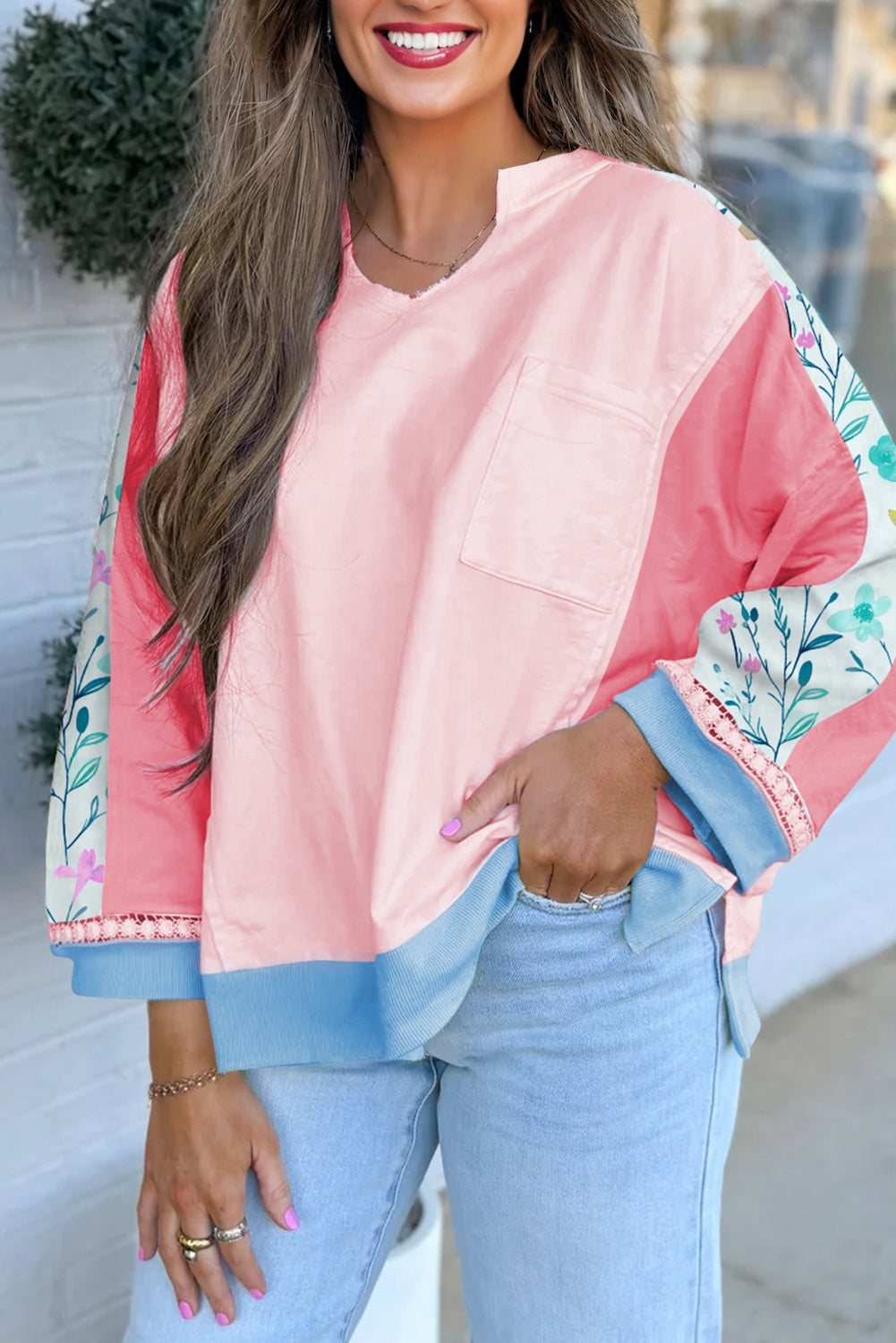 White Floral Colorblock Patchwork Chest Pocket Notched Neck Long Sleeve Top