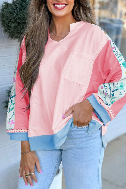 White Floral Colorblock Patchwork Chest Pocket Notched Neck Long Sleeve Top
