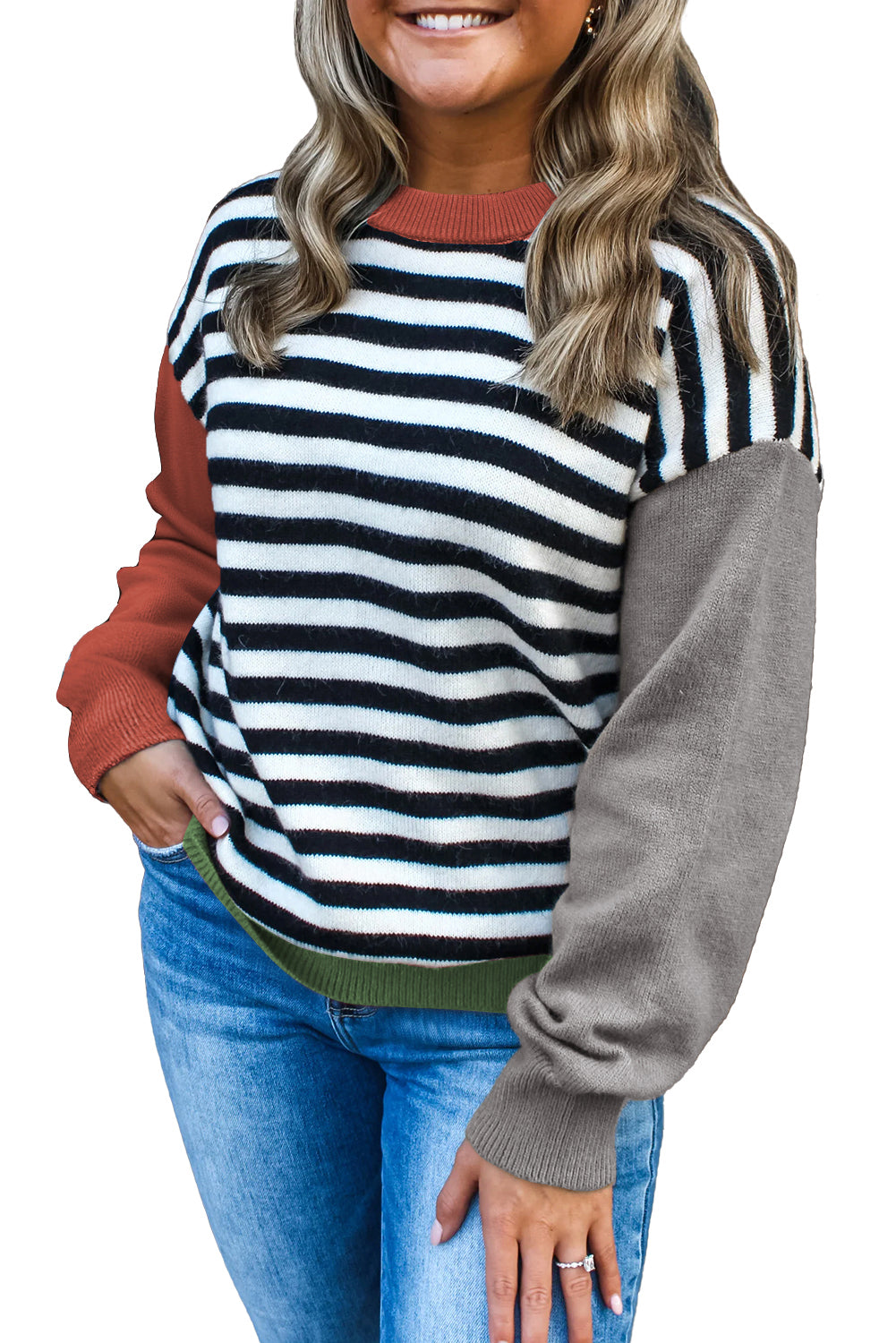 Gray Striped Panels Colorblock Sleeve Chic Sweater