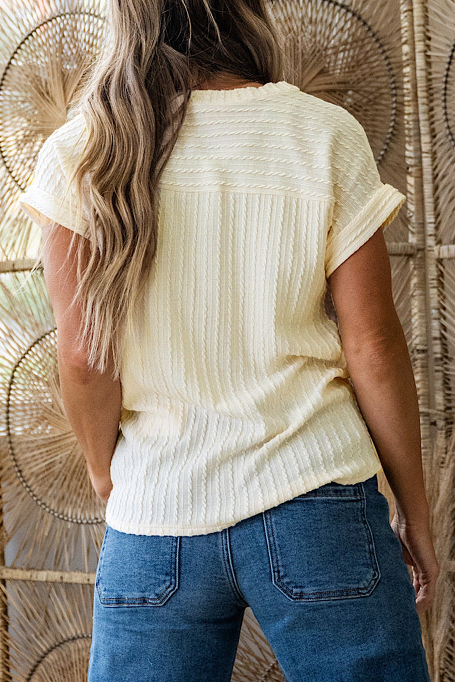Beige Twisted Texture Knit V Neck T Shirt