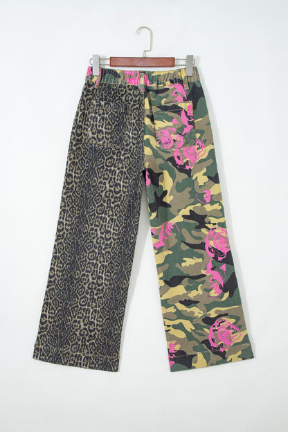 Multicolour Abstract Camouflage Print Contrast Leopard Patchwork Straight Leg Jeans