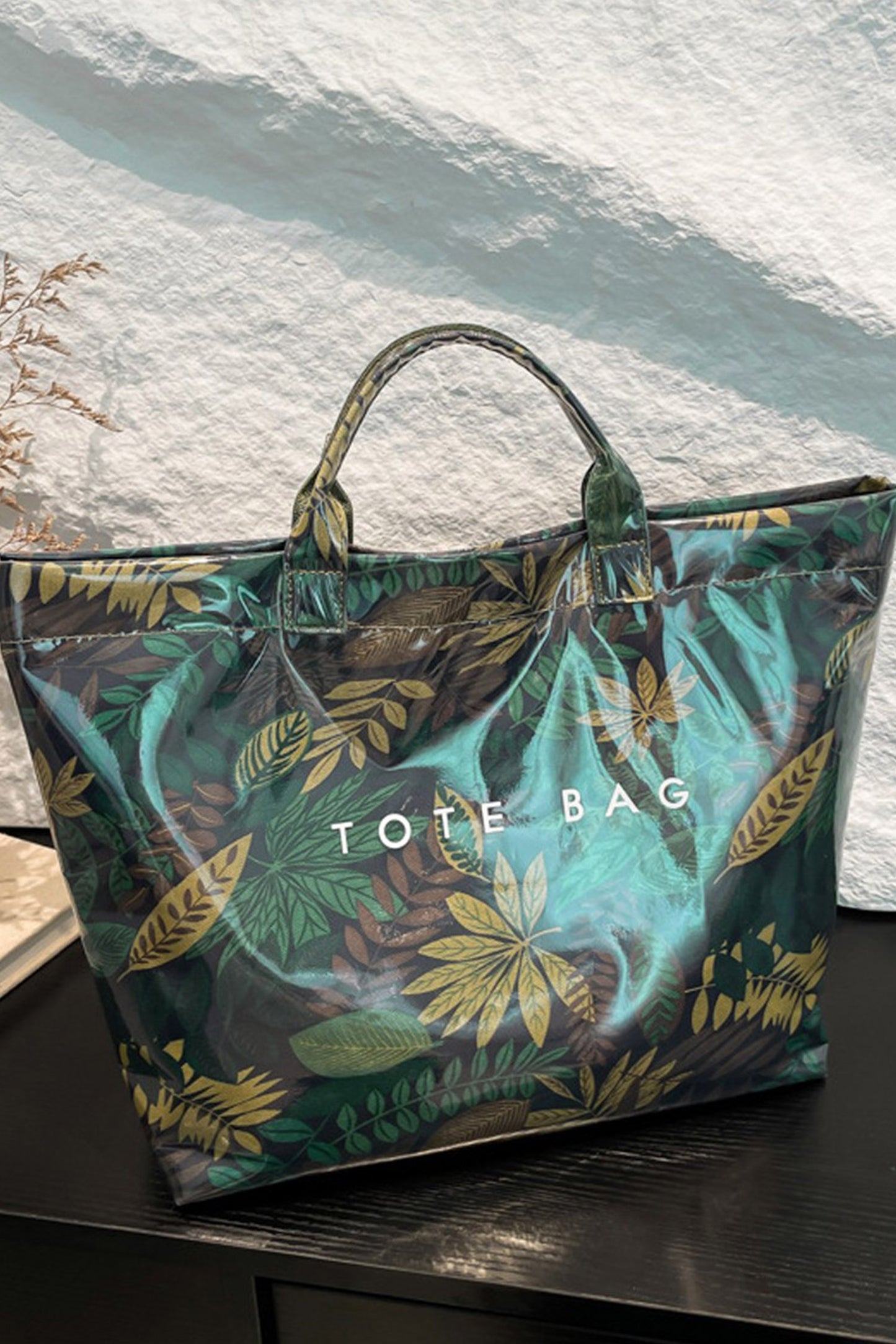 Blackish Green Tropical Print Travel Tote Bag