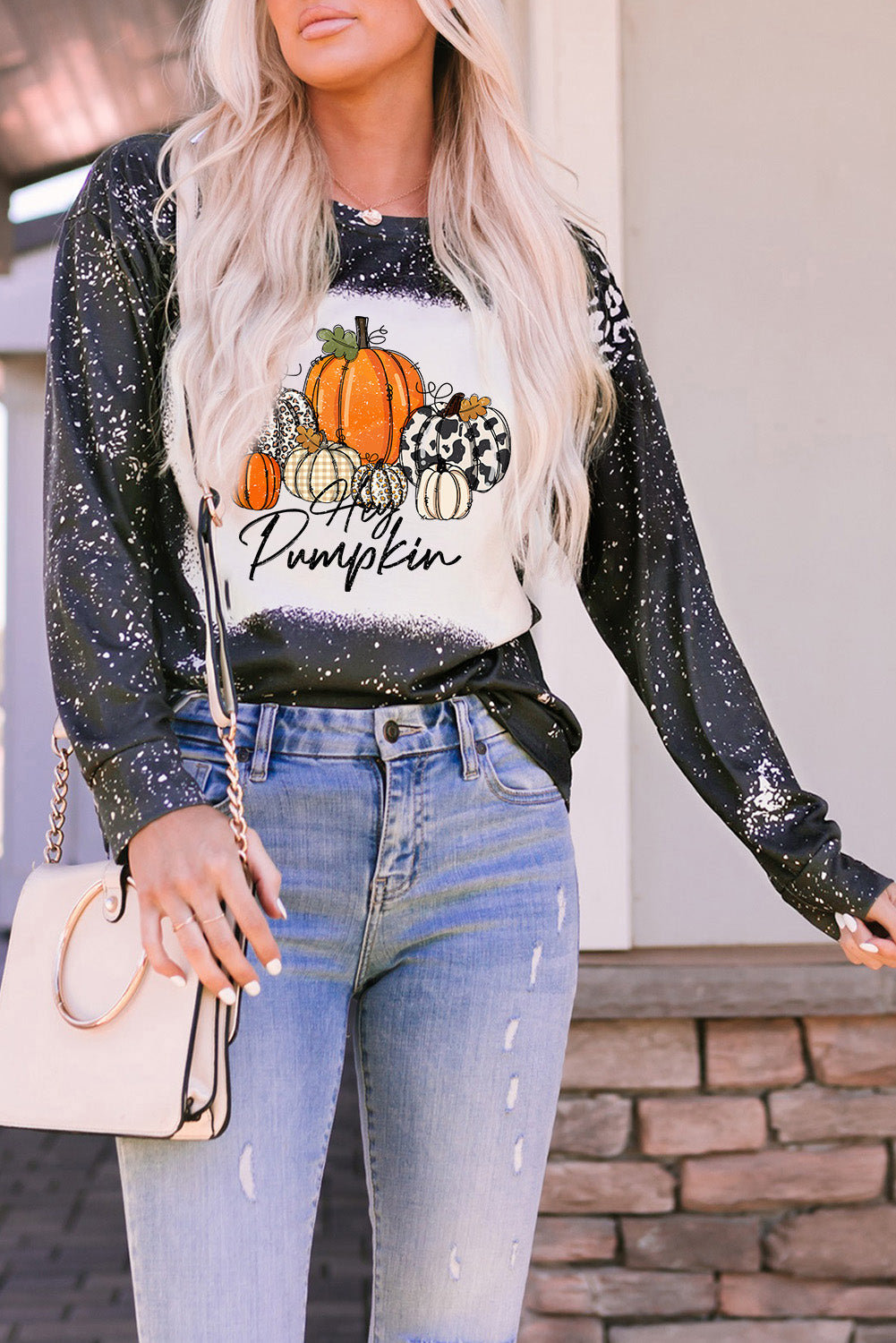 Black Leopard Bleached Pumpkin Graphic Long Sleeve Top