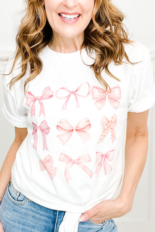T-shirt blanc en coton mélangé à motif graphique et nœud papillon pour fille