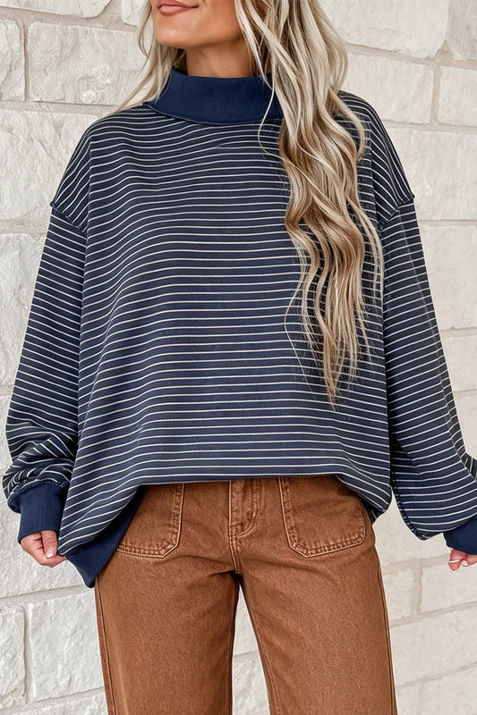 Blue Stripe Ribbed Color Block Mock Neck Oversized Sweatshirt