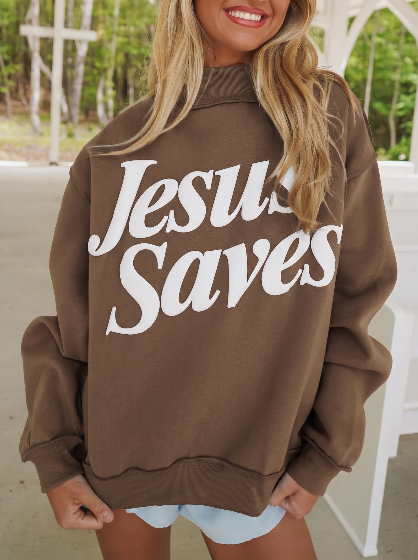 Dark Brown Jesus Saves Slogan Print Stand Neck Baggy Sweatshirt