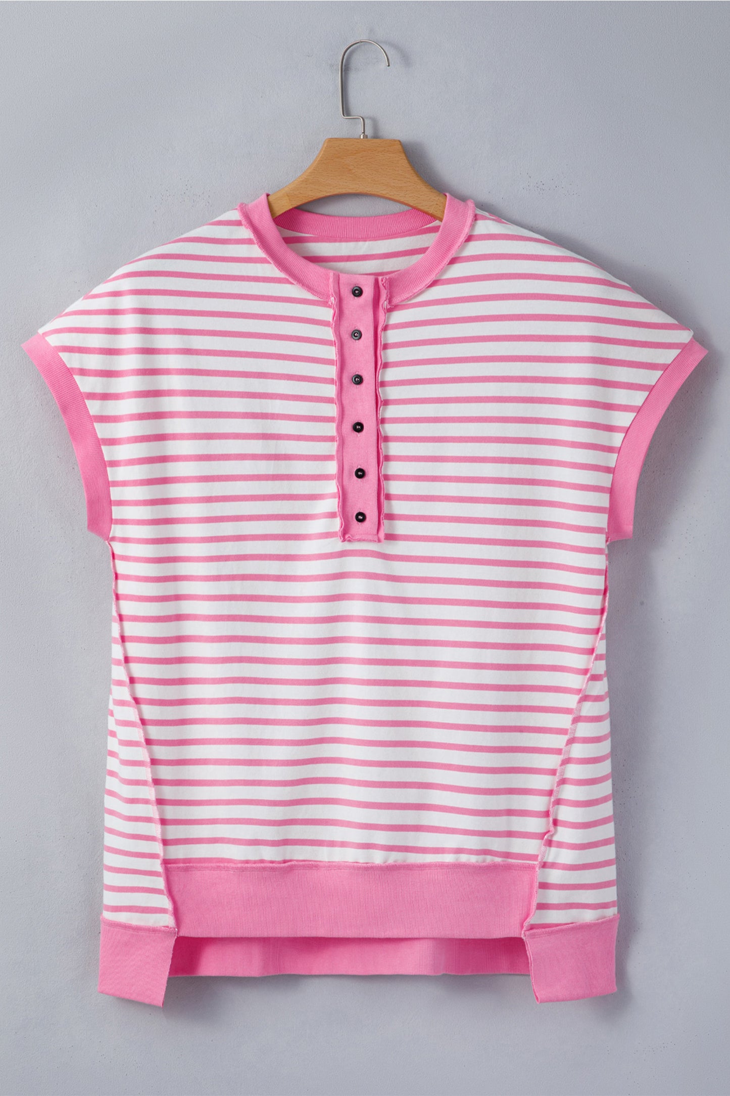 Pink Stripe Half Placket High Low Short Sleeve Top