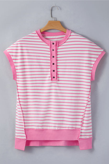 Pink Stripe Half Placket High Low Short Sleeve Top