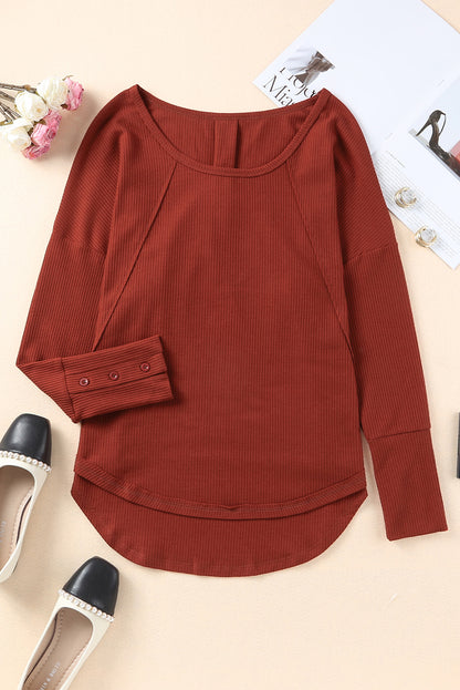 Waffle Knit Splicing Buttons Long Sleeve Top