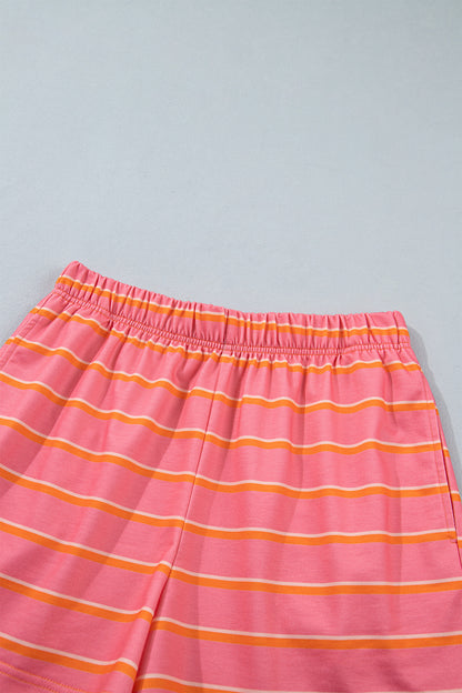 Rose Stripe Color Block Trim Long Sleeve Pullover Pocketed Shorts 2pcs Set