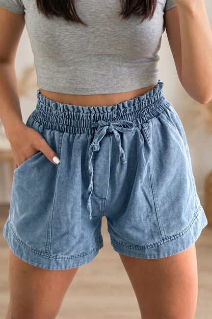 Dusk Blue Smocked Elastic Waist Denim Shorts